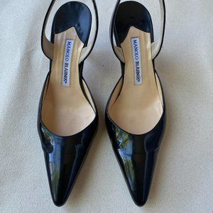 Manolo Blahnik Gently Used Black Patent Leather Pointed Toe Slingback, Size 37.